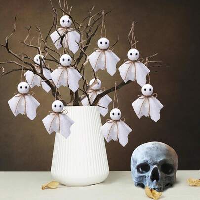 White Ghost Doll Hanging Ornaments, Small Cloth Ghost Pendants With Jute Bow String, Teru Teru Bozu Style Halloween Tree Branch Decorations For Home Room Porch Window Party Haunted House Decor, Rustic Fall Holiday Hanging Decor