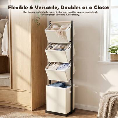 Space-Saving 4-Tier Vertical Laundry Basket Stand, Tall Storage Rack With 2 Removable Bags, Minimalist Organizer For Bedroom, Closet & Laundry Room