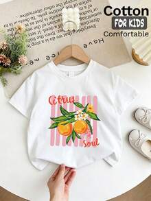 Girls' T-Shirt Featuring Citrus Orange And Blossom Print With Green Leaves, Pink Vertical Stripe Backdrop And 'Citrus Soul' Script - White - View 3
