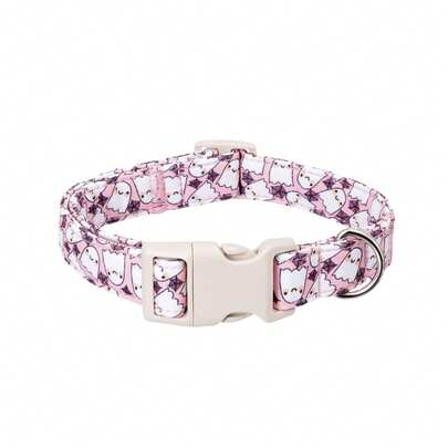 1 Pack Breathable Polyester Dog Collar For Small Medium Large Dogs, Pink Ghost Spider Web Printed Collar, Breakaway Safety Buckle & Zinc Alloy D Ring, Cute Halloween Festive Collar For Family Gatherings & Trick-Or-Treat Outdoor Trips