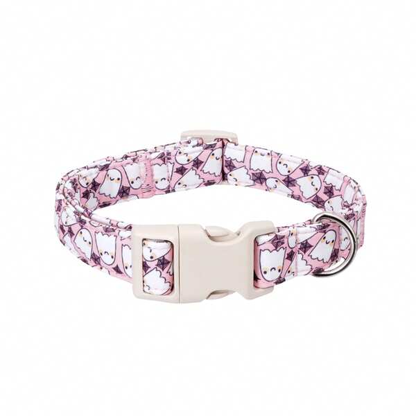 1 Pack Breathable Polyester Dog Collar For Small Medium Large Dogs, Pink Ghost Spider Web Printed Collar, Breakaway Safety Buckle & Zinc Alloy D Ring, Cute Halloween Festive Collar For Family Gatherings & Trick-Or-Treat Outdoor Trips