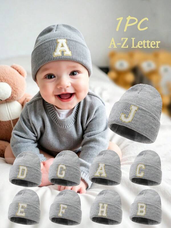 1pc A-Z Letter Kids Beanie Hat, Solid Color Warm Knitted Caps For Hospital Newborns Infant Toddler Boys And Girls, Suitable For Outdoor & Daily Wear