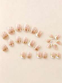 French Nail Patches, Short Square Nude Fake Nails, White French Tip With Minimalist Gold Line Design, Glossy Gel Polish Acrylic Nails, Natural Reusable Nail Glue Set, Nail Supplies - Multicolor - View 3