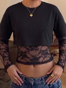 NOIRLYN Women's Autumn Y2K 2 In 1 Lace Patchwork Long Sleeve Top, Sexy Fitted Round Neck Layered T-Shirt, Street Style Black - Black - View 1