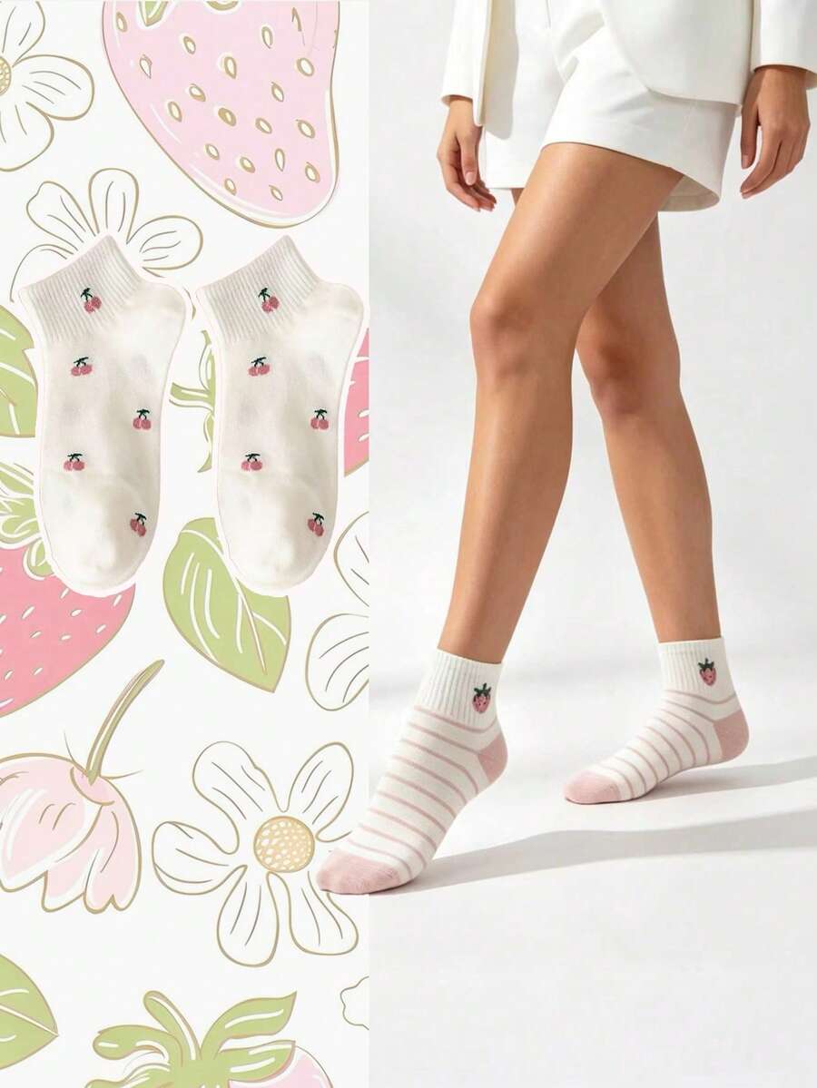 5 Pairs Women's Cute Sweet Breathable Strawberry Cherry Rabbit Pattern Short Invisible Ankle Socks, Casual Fashion White Pink, Suitable For Spring, Summer And All Seasons Wear - Multicolor - View 1
