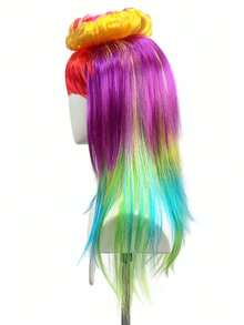1 Pc Multi-Layer Rainbow Gradient Wig With Straight Bangs & Blooming Floral Silhouette, Vertical Color Transition. Perfect For Dark Punk Portrait Shooting, Neon Halloween Short Videos, Fantasy Monster Cosplay & Bright Tone Dark Outfit Matching - View 7