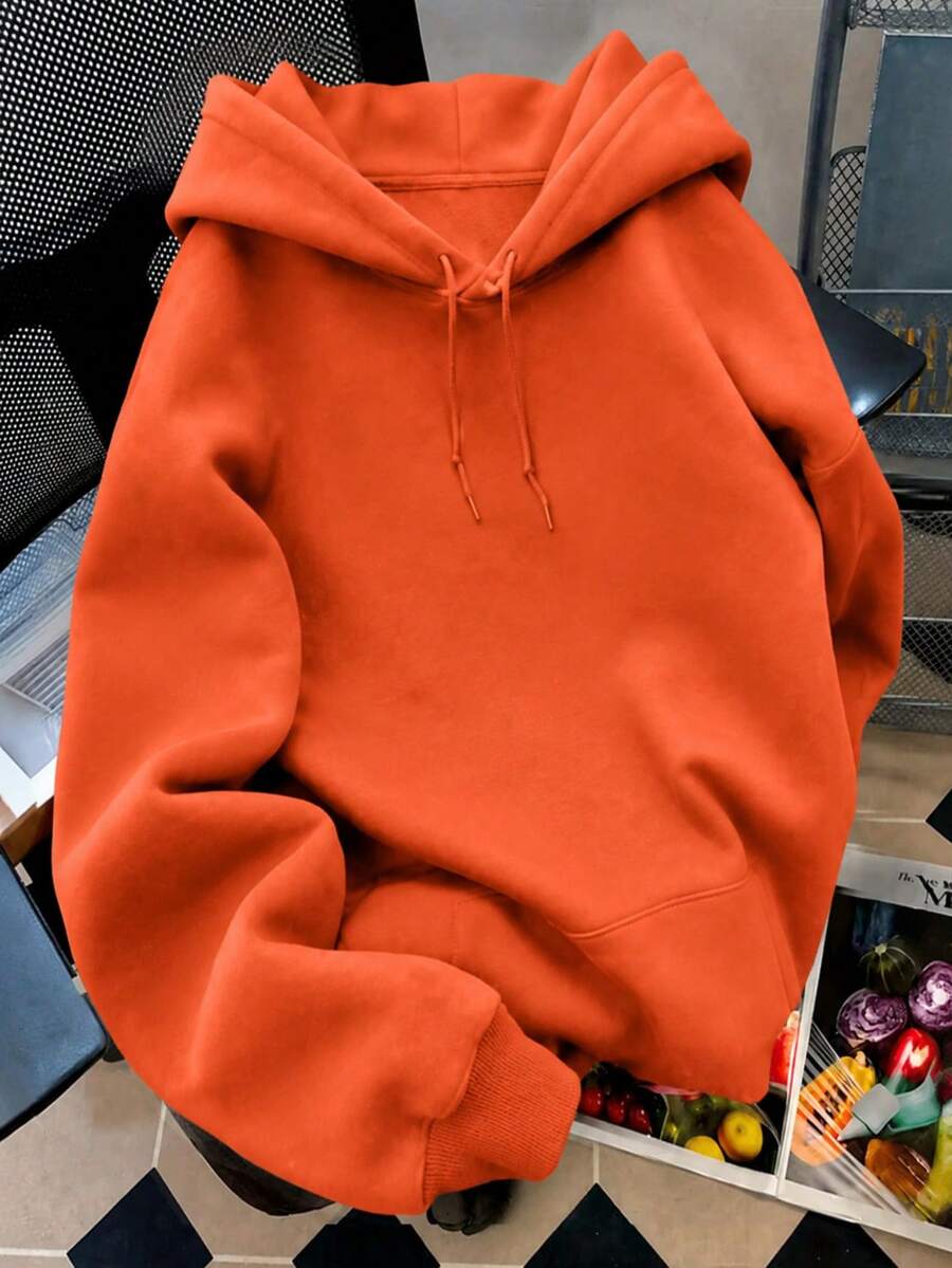 Women Solid Color Hoodie Back To School Oversized Pullover Sweatshirt Casual College Campus Wear Basic Long Sleeve Fall Outfit - 珊瑚橙 - 查看 1
