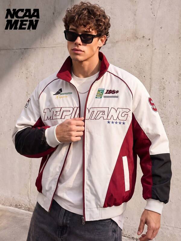 Men's Fashion Casual Jacket, Color Block Patchwork With Letter Embroidery, Streetwear Style, Spring/Autumn