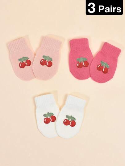 3 Pairs, 0-2 Years Old Baby Autumn/Winter Fruit Pattern Warm Knitted Anti-Scratch Gloves, Toddler Baby Crawling Fingerless Gloves, Skin-Friendly Material Knitted Single Layer Gloves, Suitable For Daily Casual, Warm And Cold-Proof Use, Cherry Pattern Gloves