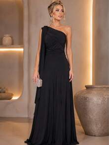 Bridesmaid Dress For Party Guests Reception Graduation Without Shine Cape Sleeve In Fluity - Negro - Ver 1
