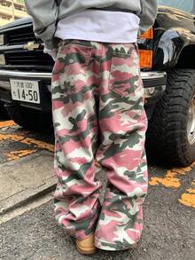 青少年男孩高街休閒時尚街頭風粉色迷彩寬鬆牛仔長褲 - 粉色 - 查看 2