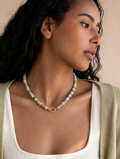 1pc European & American Bohemian Geometric Round Flat Abacus Bead Natural Stone Beaded Necklace For Women, Can Be Paired With Pendant Accessories, Suitable For Summer Beach Holiday