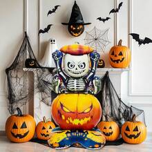 1pc Large Base Halloween Skeleton Pumpkin Balloon, Standing Skeleton Pumpkin Balloon, Suitable For Halloween Decoration, Birthday, Trick Or Treat, Horror Theme Atmosphere Decor, Room Decoration, Skeleton Outdoor Decor - Multicolor - View 4