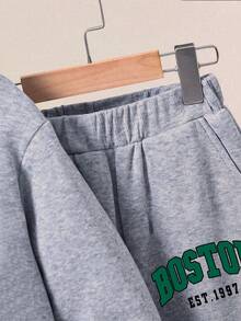 Girls' Letter Print Warm Hoodie And Sweatpants - Grey - View 5