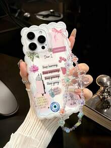 1pc Positive Energy English Quote Life Illustration Collage Pattern Flexible TPU Anti-Fingerprint Soft Material Cream Wavy Edge Full Coverage Phone Case With Transparent Flower Beaded Lanyard, Compatible With All Apple Phone Models, Artistic Daily Versatile Niche Style - Multicolor - View 4