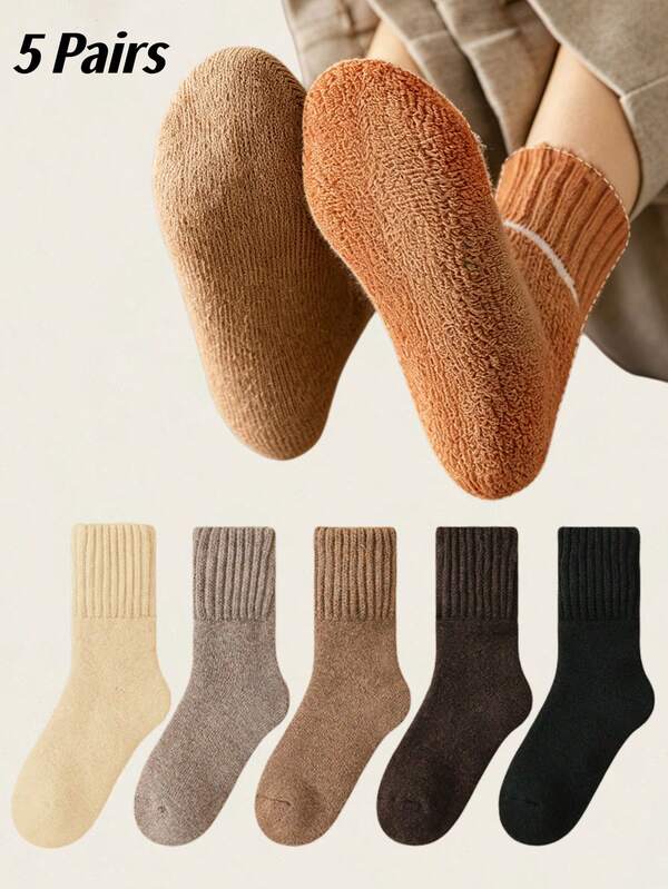 5 Pairs Women's Autumn/Winter Mid-Calf Socks, Thickened Warm Solid Color Minimalist Fashion Versatile Sleep Terry Socks
