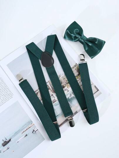 1 Set Men's Fashion Versatile Adjustable Solid Color Polyester Suspenders & Bright Polyester Bow Tie Set Suitable For Weddings, Ceremonies And Daily Wear