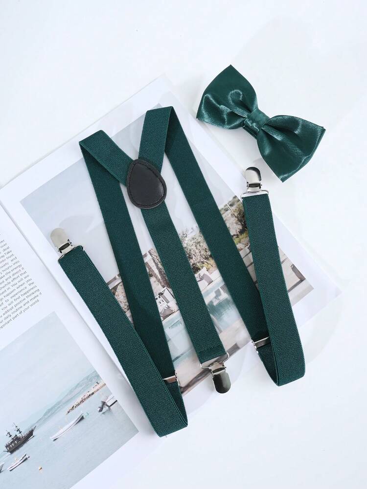 1 Set Men's Fashion Versatile Adjustable Solid Color Polyester Suspenders & Bright Polyester Bow Tie Set Suitable For Weddings, Ceremonies And Daily Wear - Dark Green - View 1