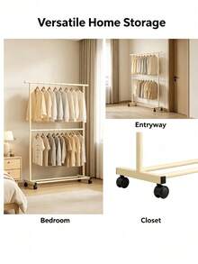 2-Tier/1 Tier Rolling Clothes Rack With Wheels, Large Capacity Double Rod Clothing Rack On Casters,Heavy Duty Metal Garment Rack With Bottom Storage Shelf, Freestanding Clothing Organizer For Bedroom Laundry Room,Easy Assembly - Multicolor - View 8