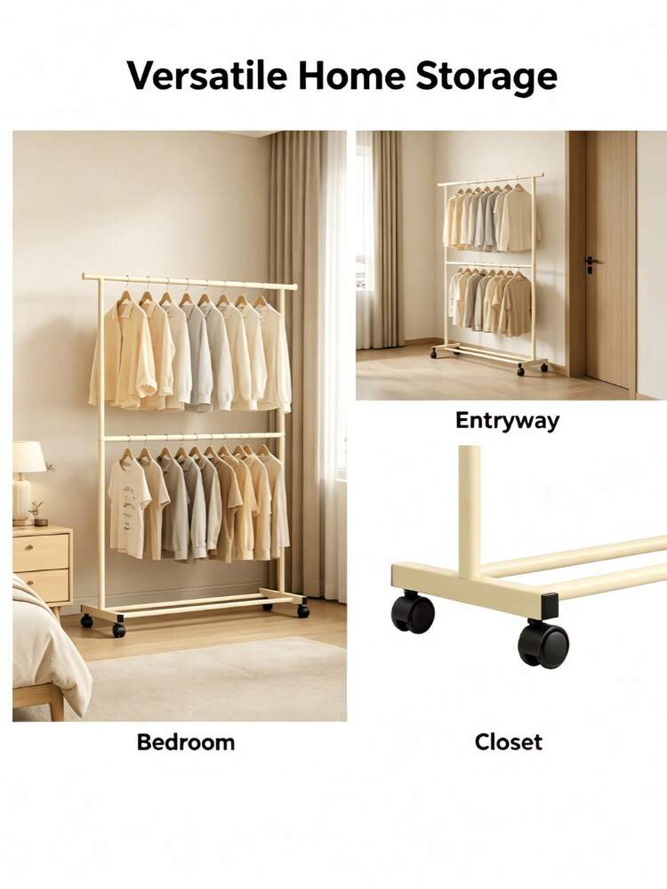 2-Tier/1 Tier Rolling Clothes Rack With Wheels, Large Capacity Double Rod Clothing Rack On Casters,Heavy Duty Metal Garment Rack With Bottom Storage Shelf, Freestanding Clothing Organizer For Bedroom Laundry Room,Easy Assembly - Multicolor - View 7