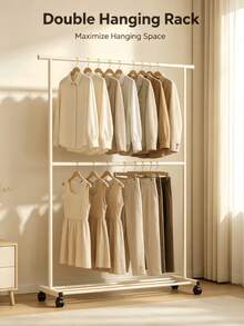 2-Tier/1 Tier Rolling Clothes Rack With Wheels, Large Capacity Double Rod Clothing Rack On Casters,Heavy Duty Metal Garment Rack With Bottom Storage Shelf, Freestanding Clothing Organizer For Bedroom Laundry Room,Easy Assembly - Multicolor - View 3
