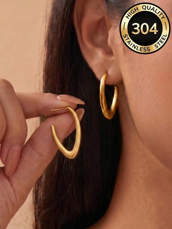1 Pair V Shape Gold Hoop Earrings, Stainless Steel Curved Open Hoops Hypoallergenic Waterproof Minimal Ear Jewelry For Women