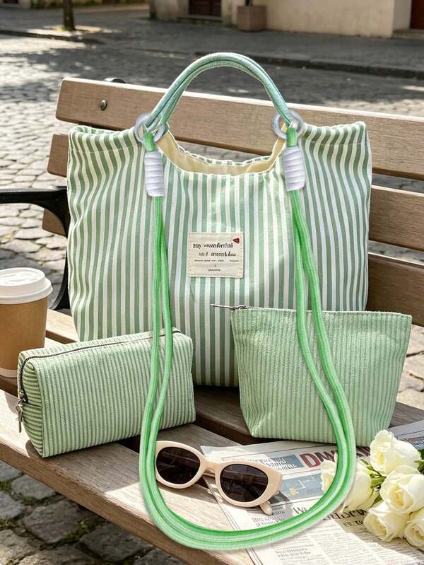 Vintage Striped Tote Bag And Matching Pouch With Drawstring, Fashionable Contrast Color Design, Bohemian Striped Beach Bag, French Striped Canvas Holiday Tote, Durable Reusable Shopping Bag, Suitable For Daily Use, Church, Outings, Travel And Work, Travel Tote Bag, Suitable For Beach, Sunbathing, Picnic, Camping, Travel, Fitness, Pool Bag, Beach Bag, Women's Weekend Bag, Unique Birthday Gift, Holiday Gift, Wedding Gift, Party Gift, Back To School Gift, School Season Gift