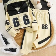 Boys Casual Sports "66" Number Graphic Long Sleeve Hoodie + Pants 2 Pieces Set, Autumn/Winter - Champagne - View 7