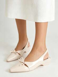 Women's Pointed Toe Slingback Low Heel Sandals, Gentle Style Bow Knot Low Vamp Chunky Heel Pumps, Commute Versatile Closed Toe High Heel Sandals - White - View 2