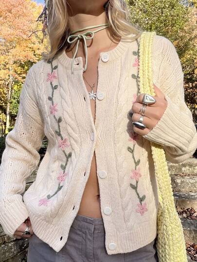 Cárdigan de punto de cable con bordado floral rosa de otoño - Cómodo y casual para uso diario, adecuado para salidas de fin de semana y citas de café