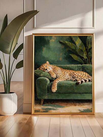 1pc Cheetah Wall Art,Sleepy Leopard Poster,Emerald Green Jungle Living Room Decor, Elegant Leopard In A Bathtub Bath Art,Bedroom Decor,Dorm Decor,Wall Arts,Wall Decor,Home Decor,Room Decor, Canvas Wall Art, Posters,Wall Art With Frame,Optional Frame
