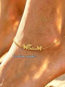 Customizable Stainless Steel Butterfly Charm Personalized Name Heart Anklet, Arabic Letter Nameplate - Gold Frosted - View 1