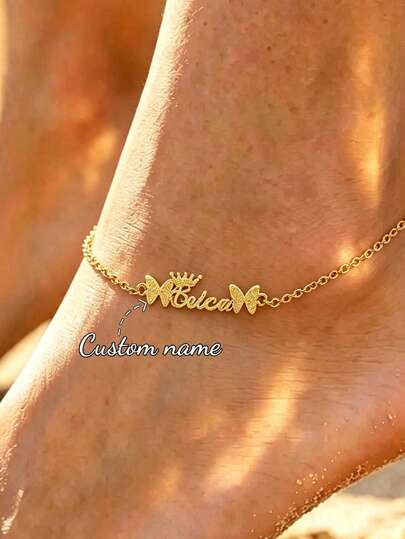 Customizable Stainless Steel Butterfly Charm Personalized Name Heart Anklet, Arabic Letter Nameplate