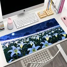 YUFZX 1pc Extra Large Extended Moonlit Starlight Lily Flower Sea Pattern Mouse Pad, With Non-Slip Rubber Bottom And Stitched Soft Cloth Material Keyboard Pad. Quiet Night Sky Healing Floral Landscape Aesthetic With Non-Slip Rubber Bottom And Stitched Soft Cloth Material Keyboard Pad, Suitable For Gaming, Home Office And Learning Scenarios. - View 1