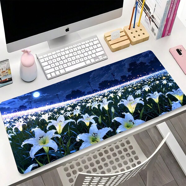 YUFZX 1 Peça Mouse Pad Extra Grande Estendido com Padrão de Flor de Lírio sob Luz do Luar e Estrelas, com Base de Borracha Antiderrapante e Material de Tecido Macio Costurado. Paisagem Floral Estética de Cura do Céu Noturno Silencioso com Base de Borracha Antiderrapante e Material de Tecido Macio Costurado, Adequado para Jogos, Escritório em Casa e Cenários de Aprendizagem.