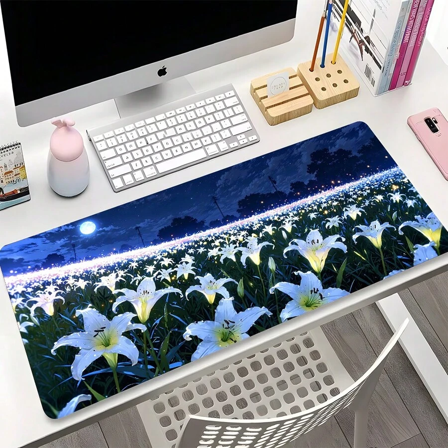 YUFZX 1pc Extra Large Extended Moonlit Starlight Lily Flower Sea Pattern Mouse Pad, With Non-Slip Rubber Bottom And Stitched Soft Cloth Material Keyboard Pad. Quiet Night Sky Healing Floral Landscape Aesthetic With Non-Slip Rubber Bottom And Stitched Soft Cloth Material Keyboard Pad, Suitable For Gaming, Home Office And Learning Scenarios. - View 1