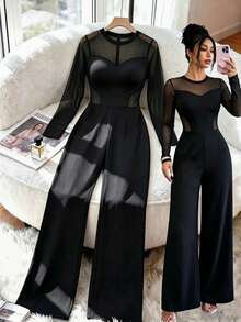 Women's Round Neck Mesh Patchwork Casual Daily Wear Jumpsuit - Black - View 1