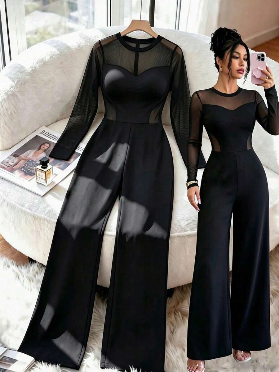 Women's Round Neck Mesh Patchwork Casual Daily Wear Jumpsuit - Black - View 1