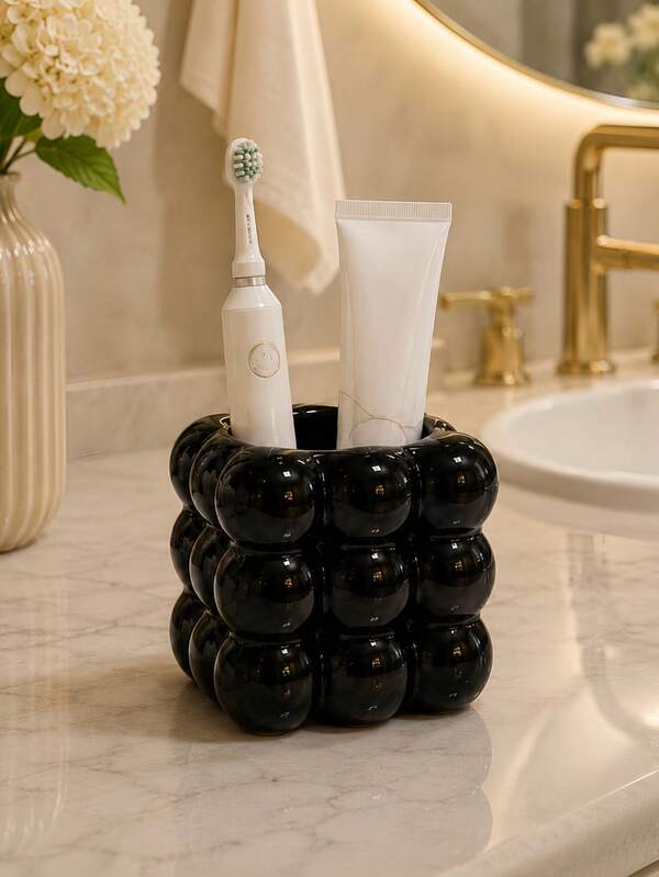 Cream Style Bathroom Storage Cup Bubble Pattern Design Toothbrush Holder, Black & White Toothpaste Cup Rack, Vanity Toiletries Organizer Box, Electric Toothbrush Storage Tube, Minimalist Premium Home Decor, Back To School Gift, Holiday Gift, Gift For Female Friends, Large Capacity, Vacation