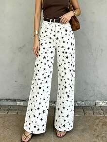 Women White Straight Jeans Star Print Loose Wide Leg Jeans Vintage Hot Girl Vacation Streetwear, Summer Fall - White - View 3