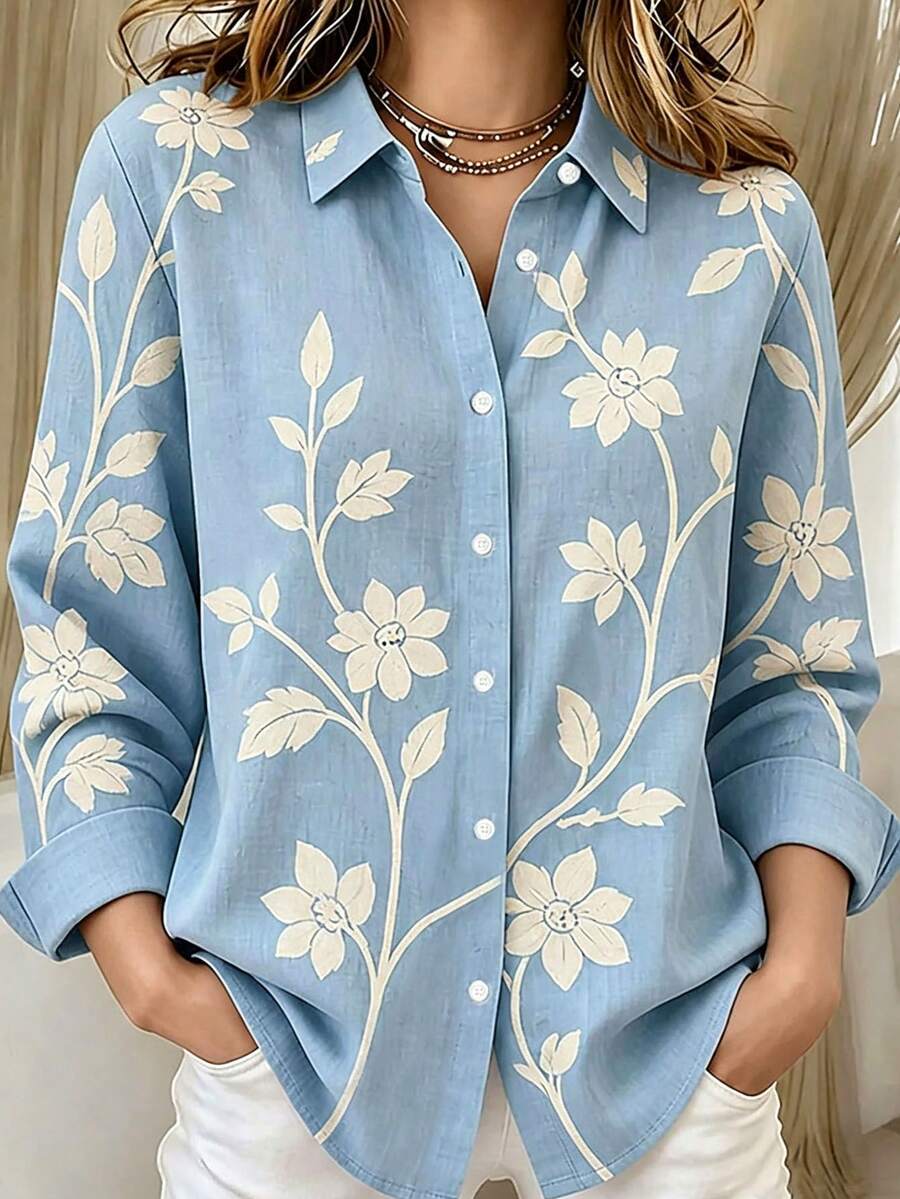 Voworia Casual Fashion Floral Print Women's Plus Size Button-Up Long Sleeve Shirt Blouse Vacation - Baby Blue - View 1