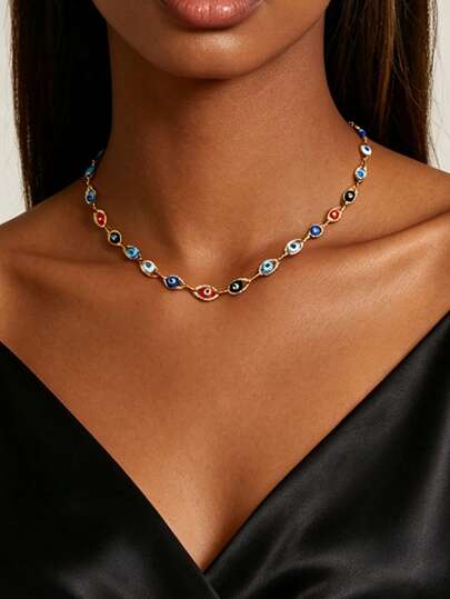 1 pieza Collar creativo de acero inoxidable con ojo malvado colorido, cadena de clavícula de lujo nicho en oro, joyería de cuello versátil de moda para mujer, adecuado para uso diario, citas, fiestas y vacaciones, la disposición de colores del ojo malvado es aleatoria
