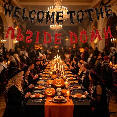 1 Set Welcome To Halloween Banner/Dark Drip Font Banner Pumpkin Spider Theme Party Escape Room Wall Hanging Decoration Bunting/ World Halloween Garland/Black Red Letter Hanging Banner Bar Script Party Pumpkin Background Decor