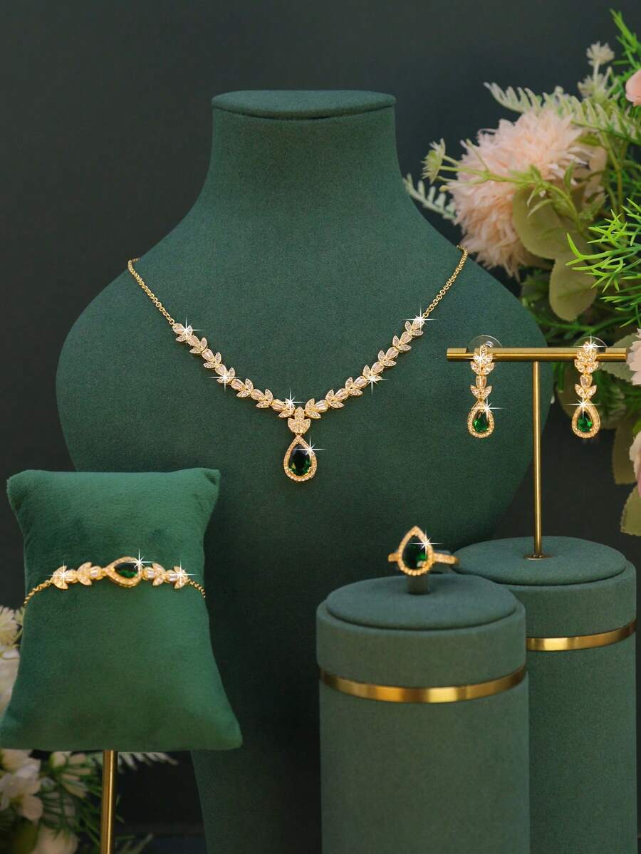 5pcs Handmade Inlaid Green Cubic Zirconia Elegant Exquisite Series Necklace Bracelet Earrings Ring Set Maple Leaf Design For Women Daily Wear Date Party Friend Gift