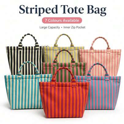Japanese Style Striped Canvas Tote Bag For Women, High-End Casual Handbag Shoulder Bag, Large Capacity Commuter Tote Shopping Bag, Ideal For Outdoor Travel And Back To School Season, Unique Holiday Gift, Graduation Gift, Mother's Day Gift, Souvenir Gift