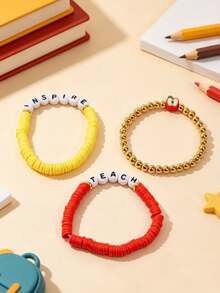 3pcs/Set Letter Beaded Bracelet Apple Pendant Layered Wear Gift Jewelry Set Back To School Teacher's Day Gift - one-size - View 5