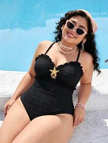 Plus Size Black Floral Jacquard Textured Spaghetti Strap One-Piece Swimsuit, Ruffle Hollow Out With Starfish Decor, Suitable For Summer Beach, Pool Party, Vacation, Back To School - Black - View 1