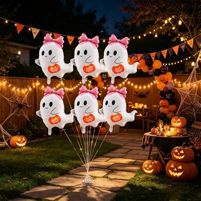 Girl Pink Bow Cartoon Ghost Aluminum Foil Balloon Set, Halloween Universal Holiday Party Backdrop Decorative Foil Balloons