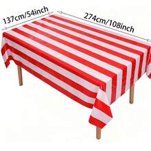 1pc Red & White Striped Disposable Plastic Rectangular Tablecloth 54x108 Inches, Carnival Circus Party, Birthday, Picnic, Indoor/Outdoor Holiday Dining Decoration Disposable Tablecloth - Red Stripes - View 3