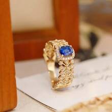 Elegant Hollow Lace 18K Gold Plated Blue Zirconia Inlaid Open Ring For Women - Blue - View 3